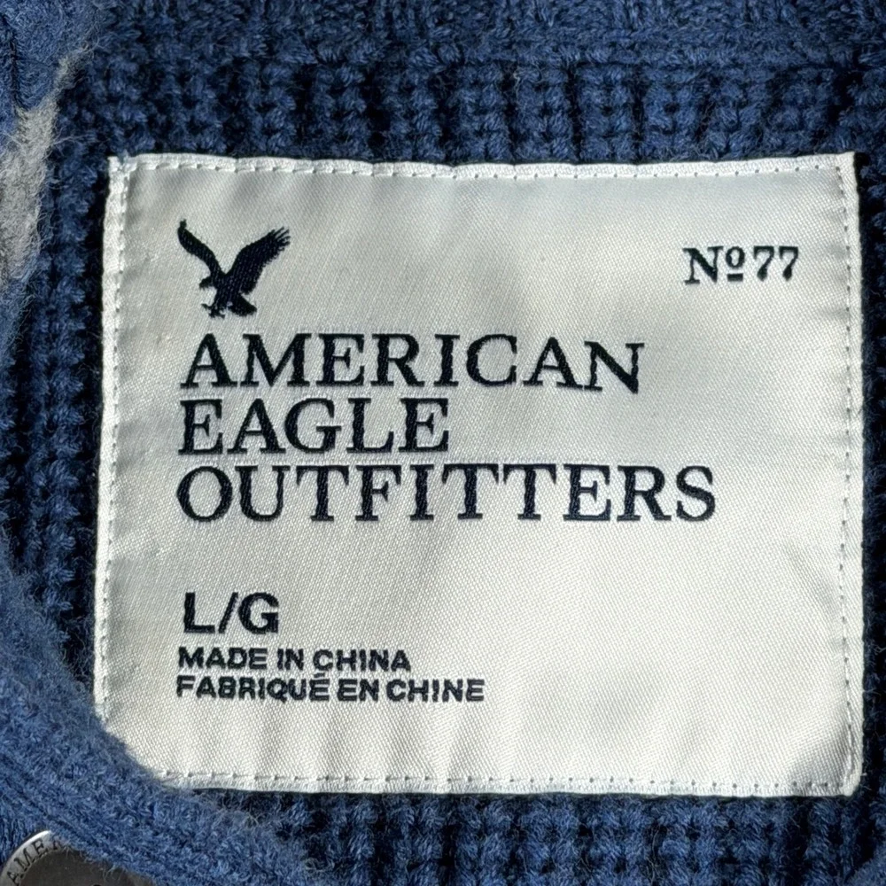 American Eagle Outfitters Men Blue Ribbed Mock‎ Neck Button Up Sweater Large
